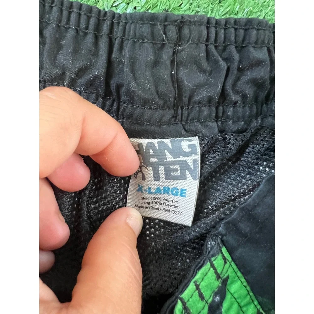 Hang Ten Mens‎ XL 32W Shark Print Board Shorts Black Neon Green Striped Swim